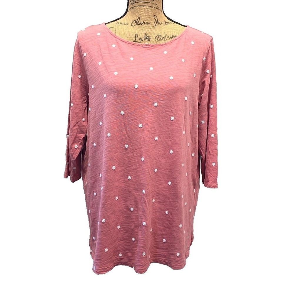 J Jill sz L Top T Shirt Pink Embroidered Polka Dot 3/4 Sleeve Coastal Resortwear